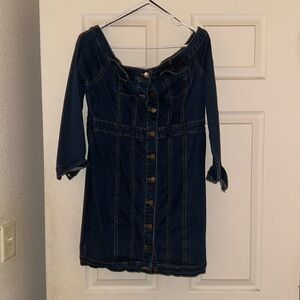 It’s a off the shoulder Jean dress , button up